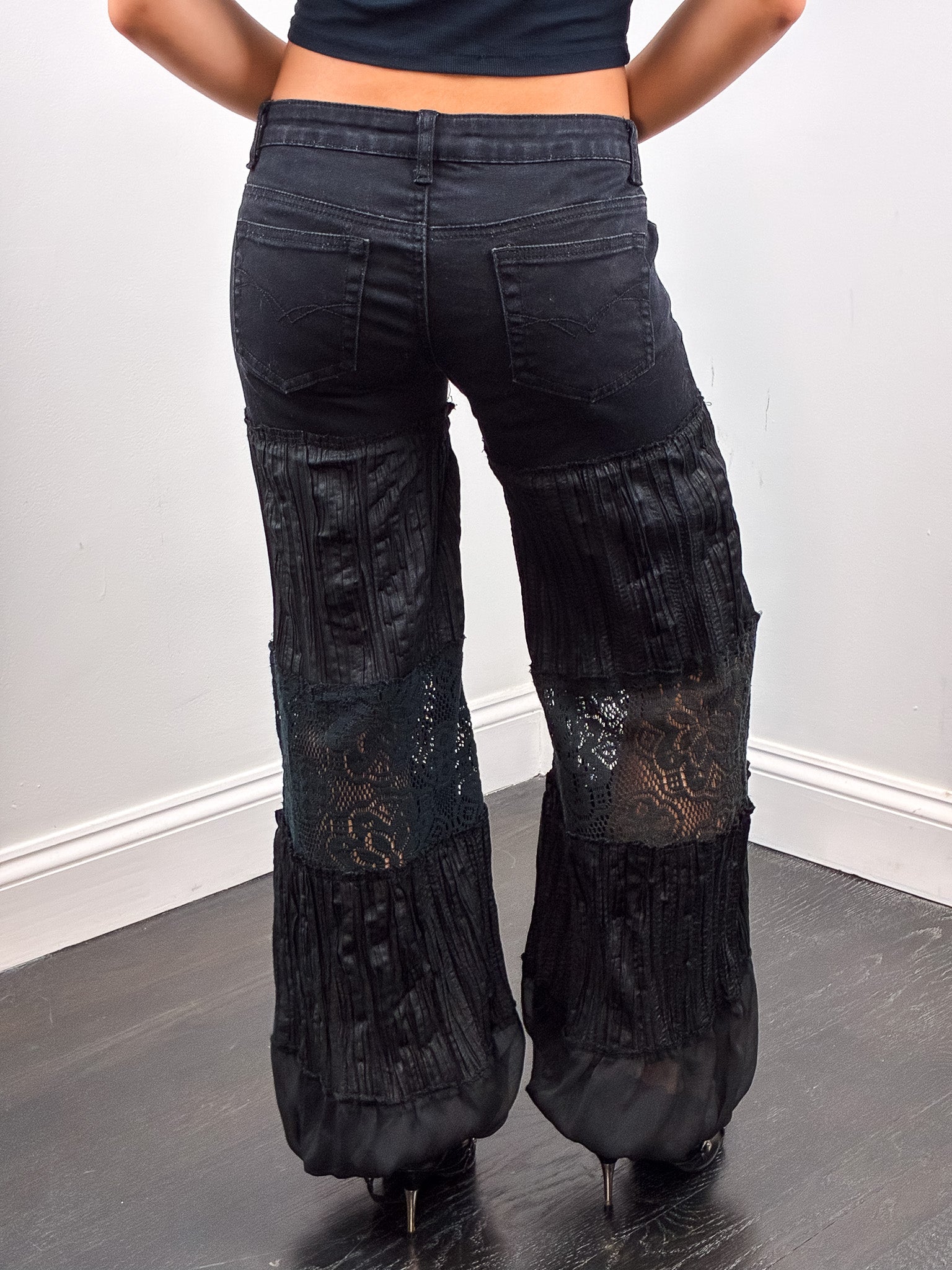 2000s Black Lace Panel Low Rise Wide Leg Pants - W25