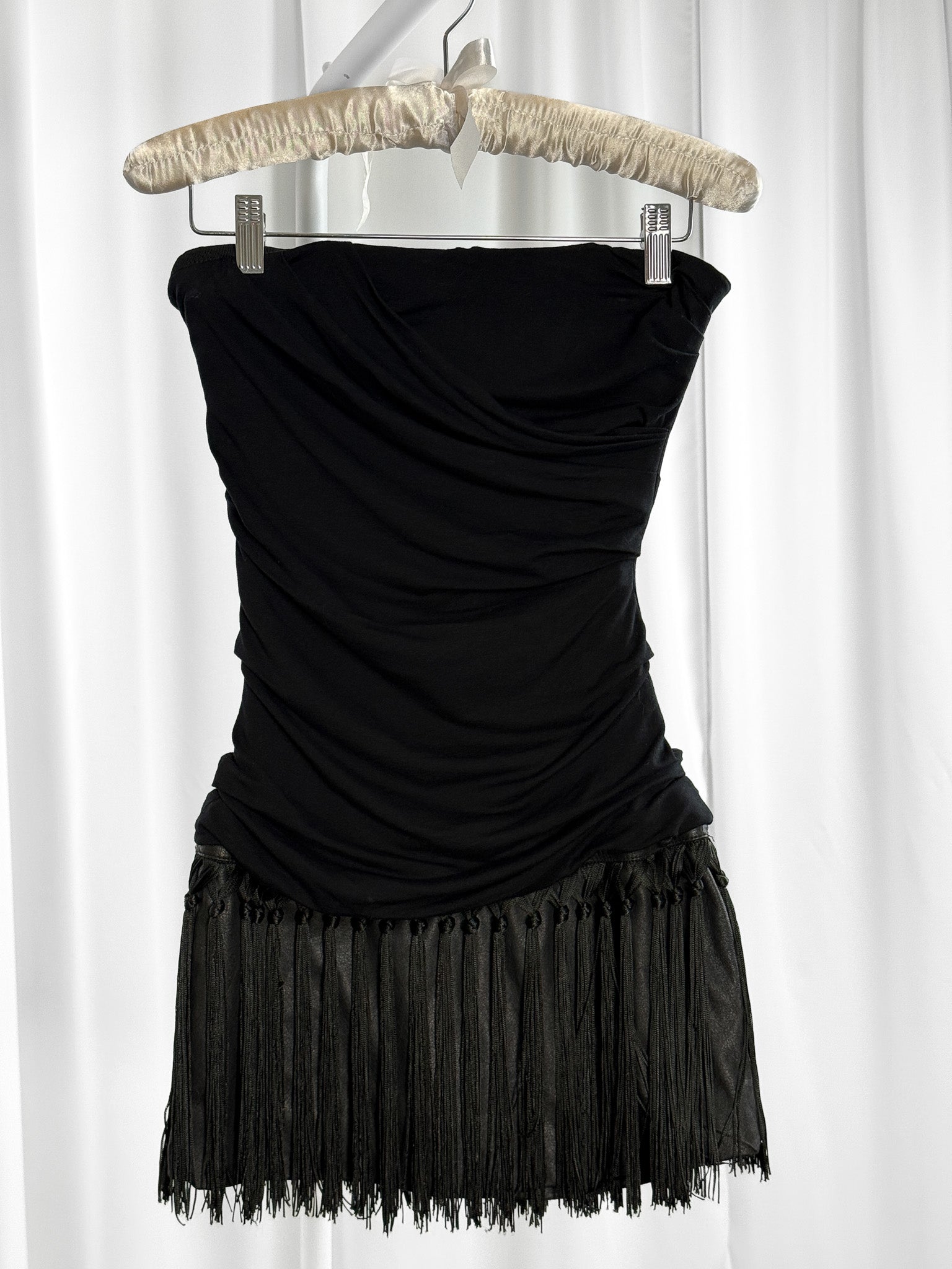 Elisabetta Franchi Gold Label 2010s Black Strapless Fringe Mini Dress - XS/S