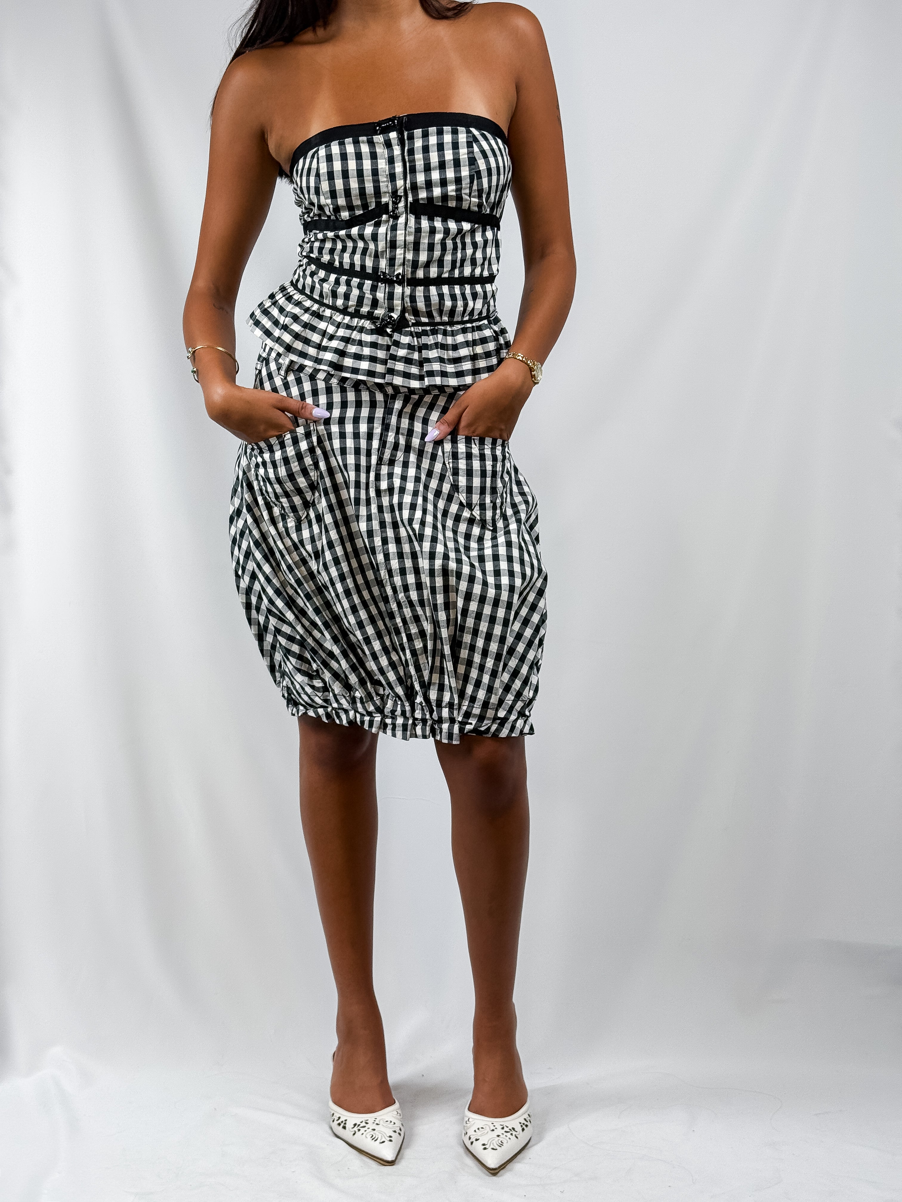 Fornarina 2000s Black Gingham Corset Top and Bubble Skirt Set - XS/S