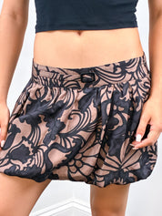 Pinko 2000s Black and Taupe Floral Logo Print Silk Bubble Mini Skirt - S