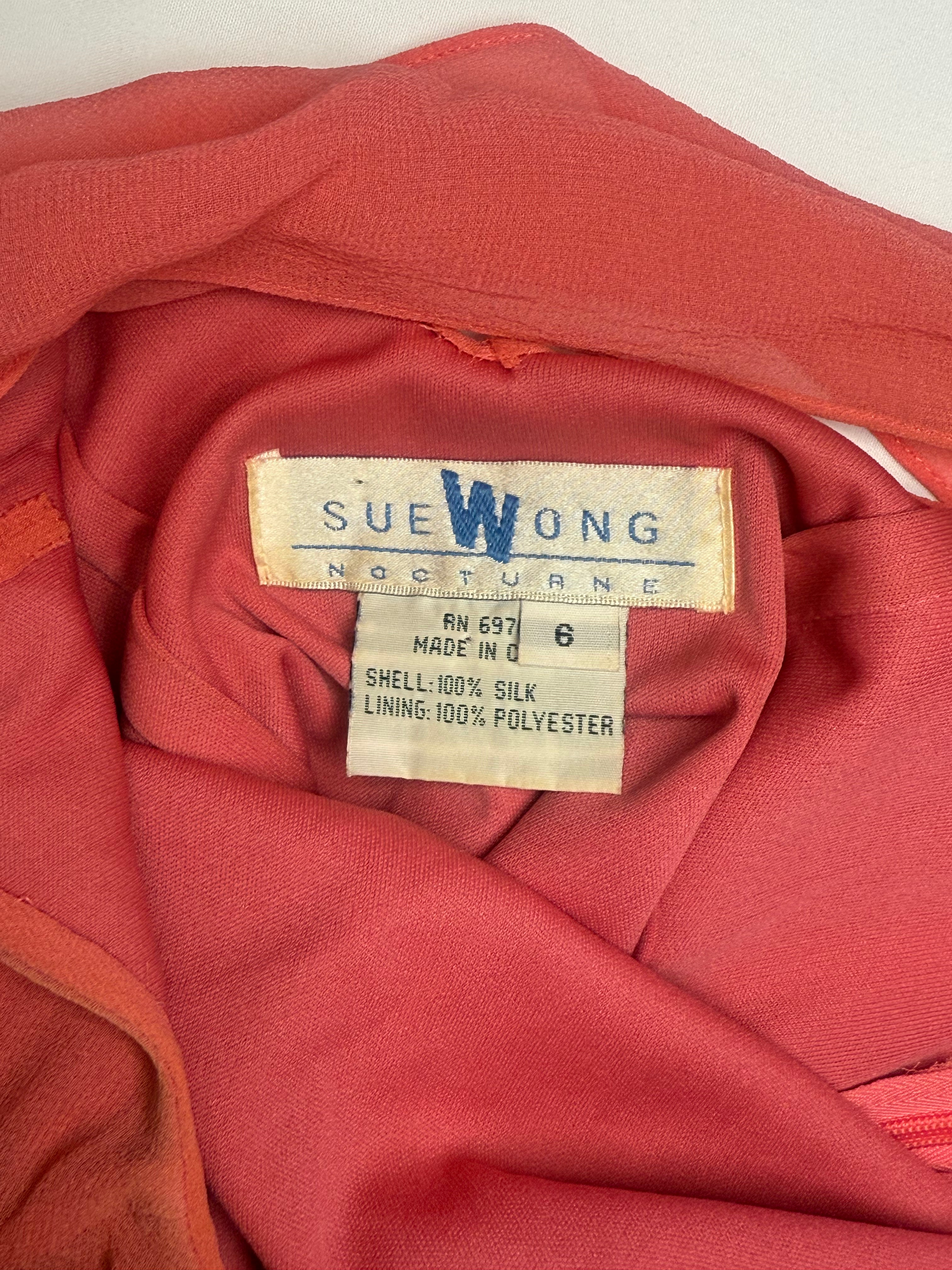 Sue Wong Nocturne 2000s Coral Silk Beaded Floral Handkerchief Hem Dress - S *As Is
