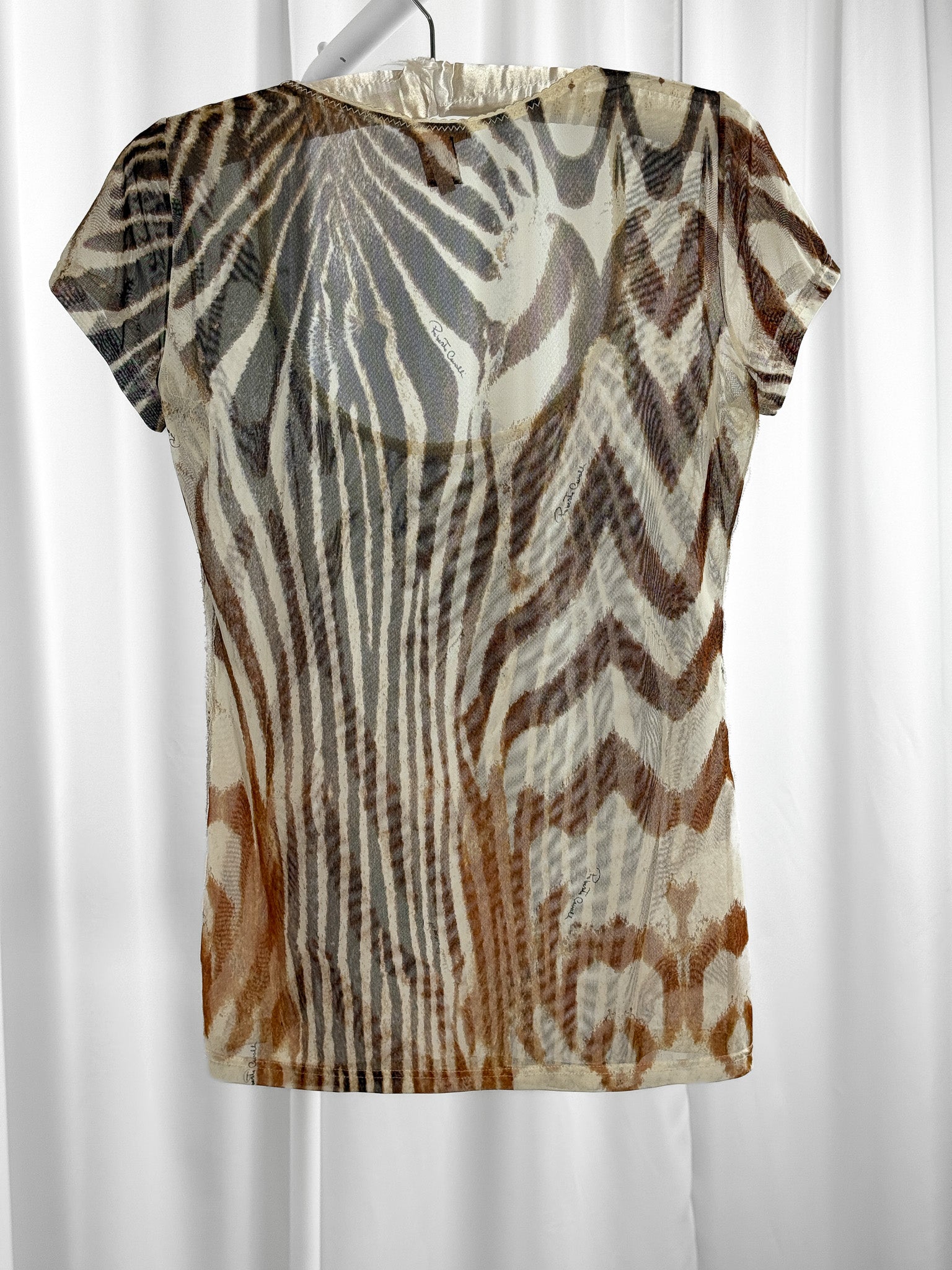 Roberto Cavalli Underwear 2000s Zebra Print Sheer Mesh Lace Panel Tee - S/M