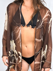 Marina Rinaldi 2000s Brown Lily Print Silk Sheer Kimono - S/M