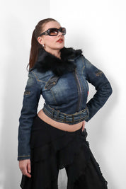 Phard 2000s Dark Denim Belted Moto Jacket with Detachable Fox Fur Collar - XS/S