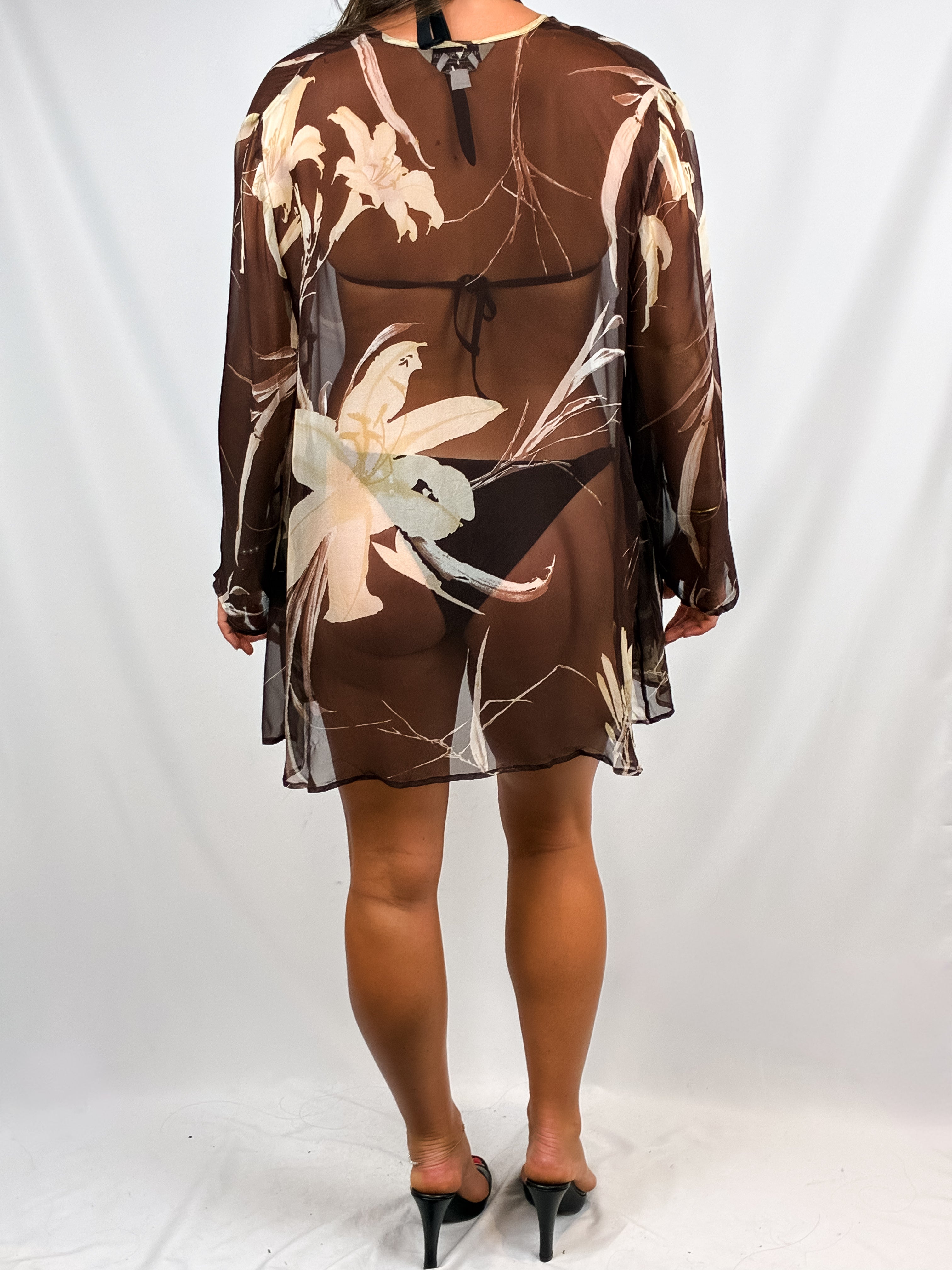Marina Rinaldi 2000s Brown Lily Print Silk Sheer Kimono - S/M