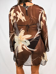 Marina Rinaldi 2000s Brown Lily Print Silk Sheer Kimono - S/M