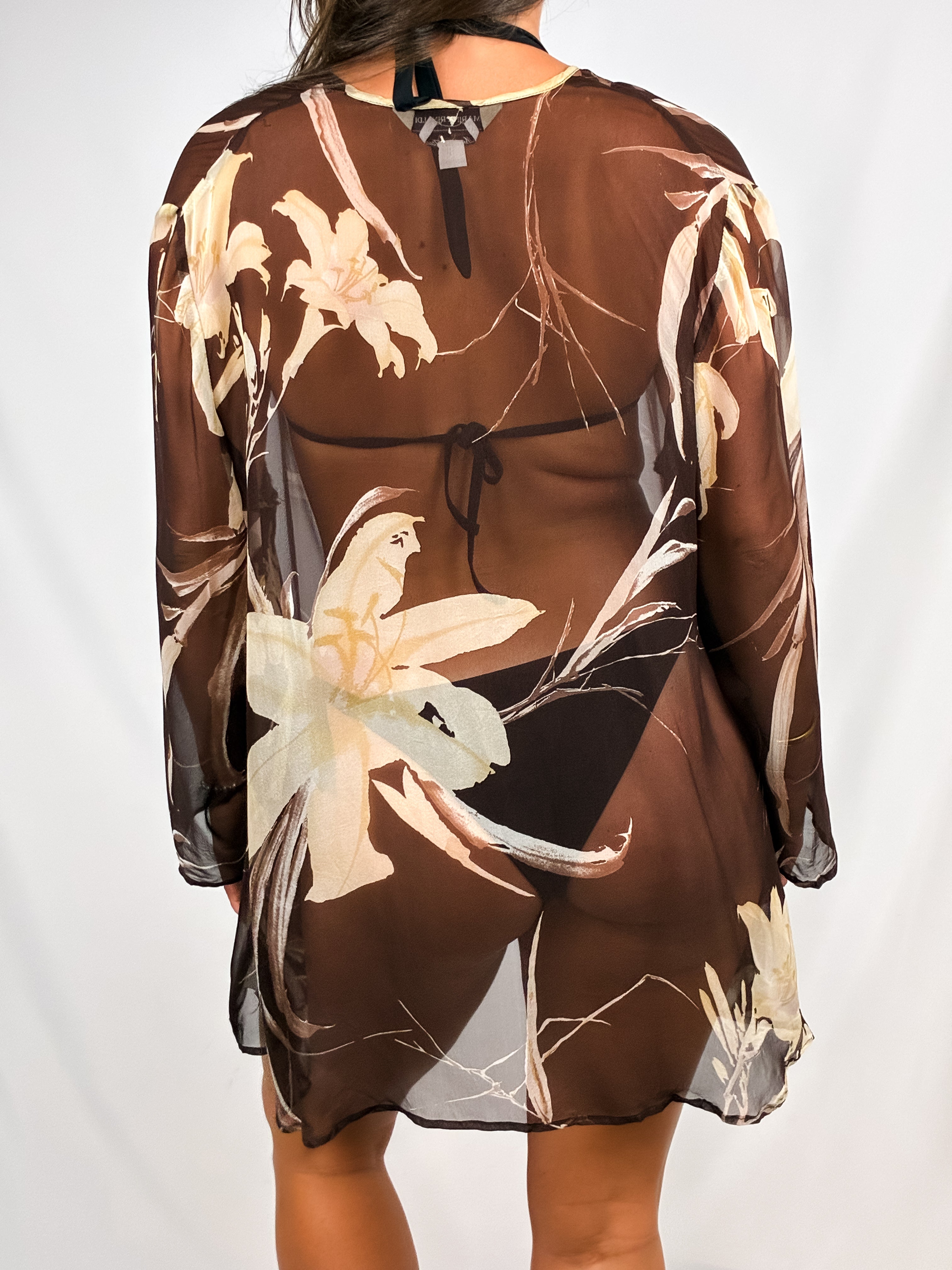 Marina Rinaldi 2000s Brown Lily Print Silk Sheer Kimono - S/M