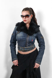 Phard 2000s Dark Denim Belted Moto Jacket with Detachable Fox Fur Collar - XS/S