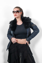 Phard 2000s Dark Denim Belted Moto Jacket with Detachable Fox Fur Collar - XS/S