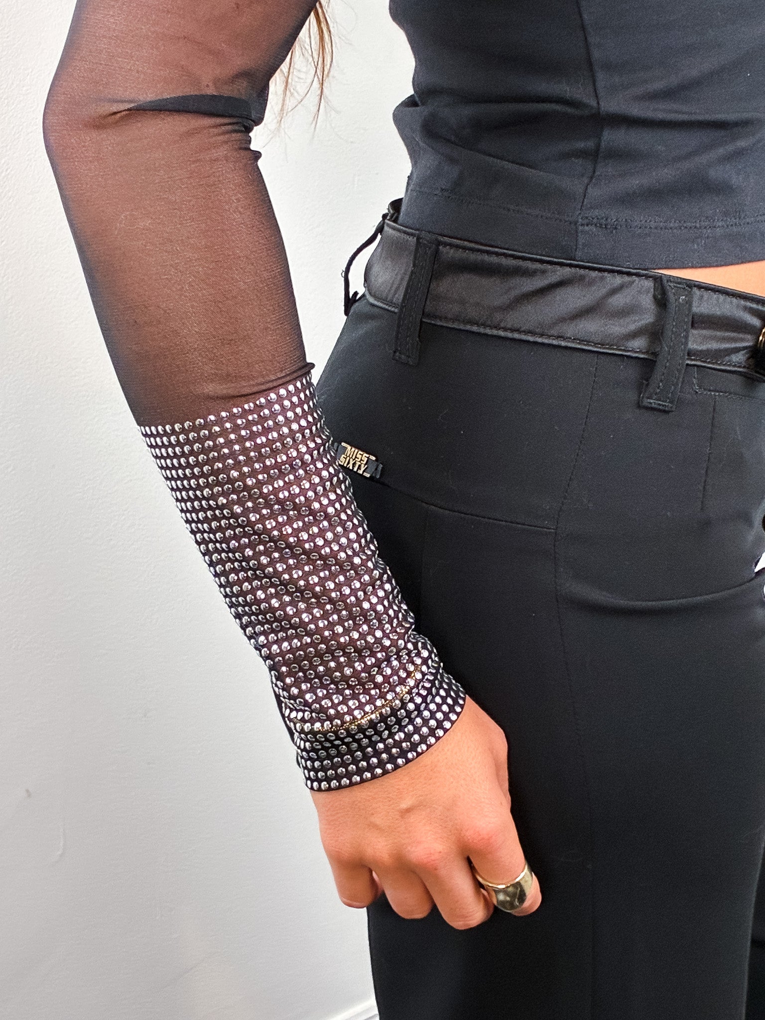 Gianfranco Ferre Jeans 2000s Black Mesh Rhinestone Cuff Top - M/L