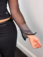 Gianfranco Ferre Jeans 2000s Black Mesh Rhinestone Cuff Top - M/L