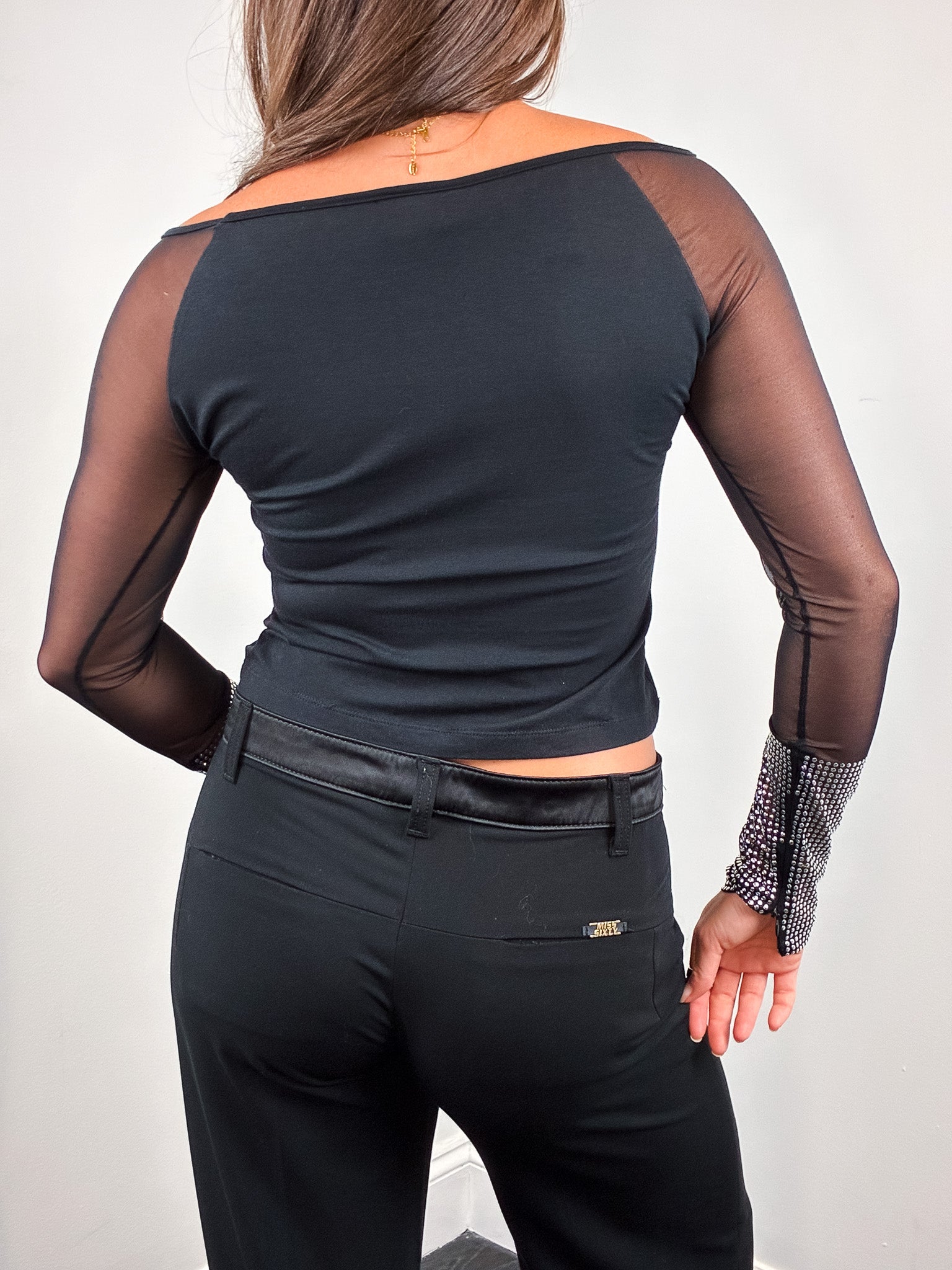 Gianfranco Ferre Jeans 2000s Black Mesh Rhinestone Cuff Top - M/L