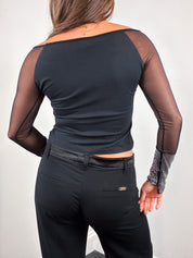 Gianfranco Ferre Jeans 2000s Black Mesh Rhinestone Cuff Top - M/L