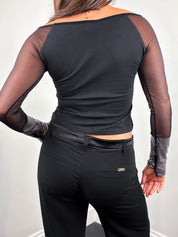 Gianfranco Ferre Jeans 2000s Black Mesh Rhinestone Cuff Top - M/L