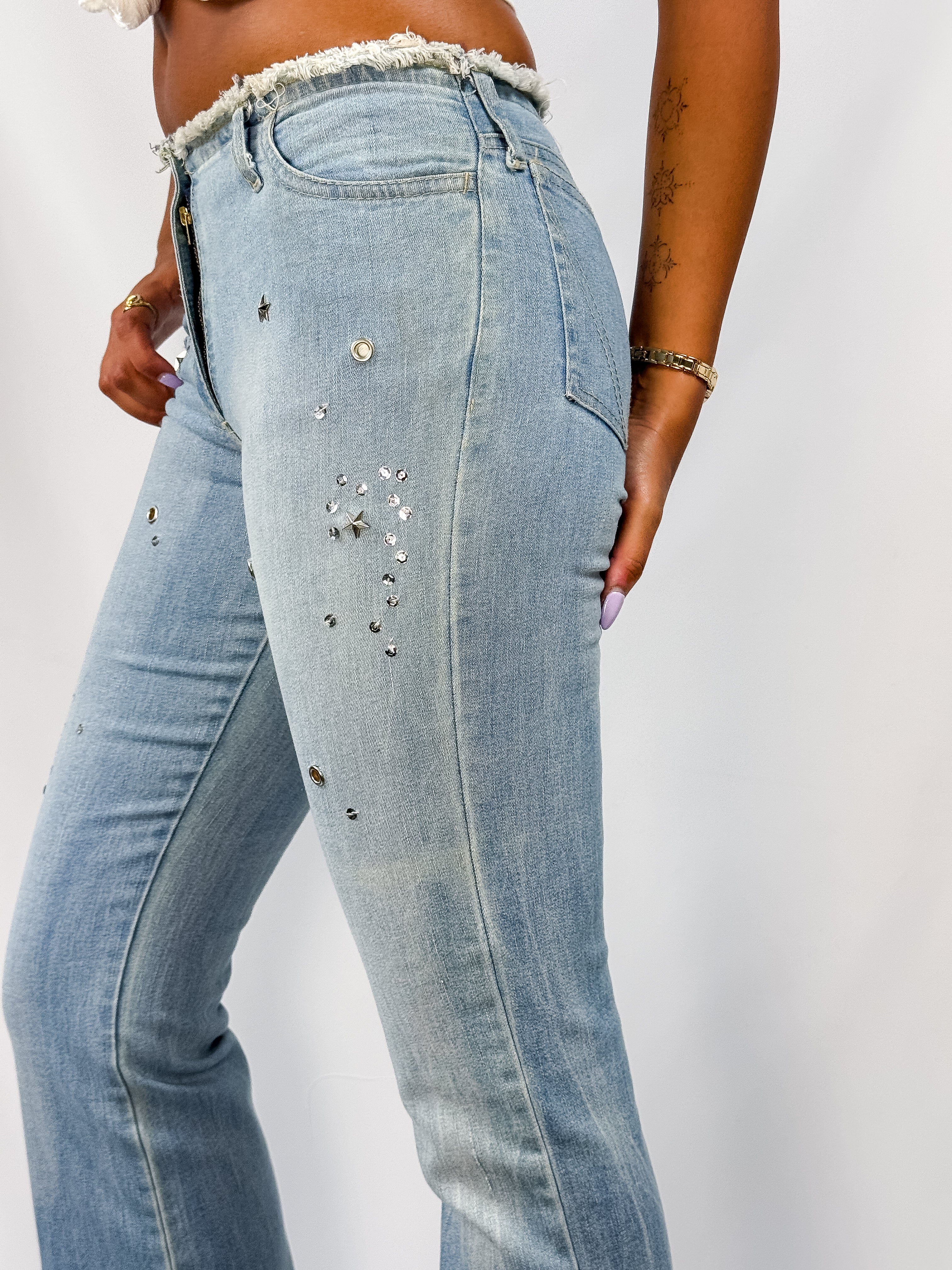 La Placa Jeans 2000s Rhinestone Star Stud Embellished Flare Jeans - S/M