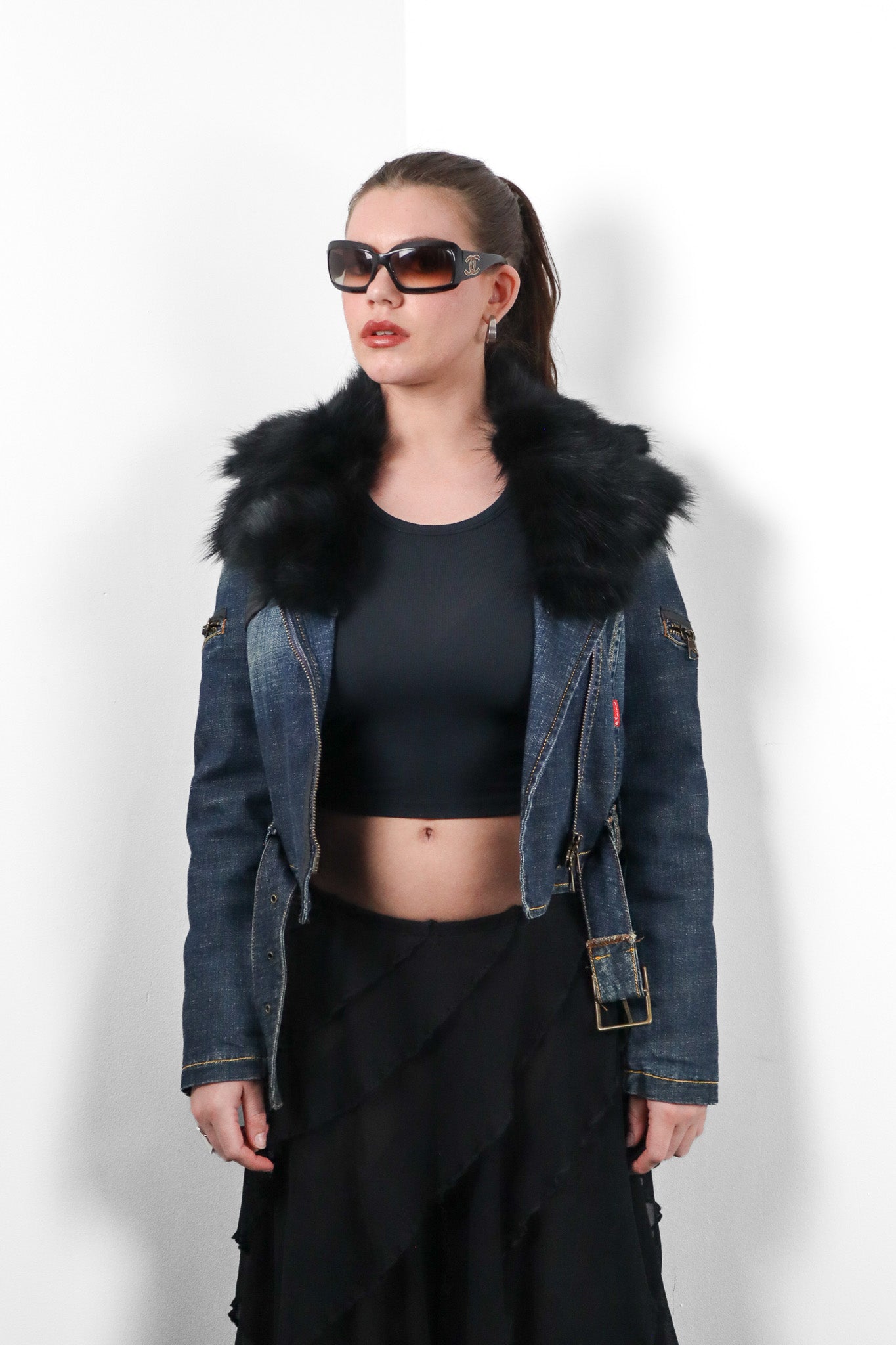 Phard 2000s Dark Denim Belted Moto Jacket with Detachable Fox Fur Collar - XS/S