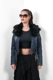 Phard 2000s Dark Denim Belted Moto Jacket with Detachable Fox Fur Collar - XS/S