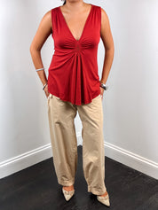 An'ge 2000s Rust Red Plunge Neck Beaded Jersey Tank - M-L