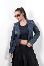 Phard 2000s Dark Denim Belted Moto Jacket with Detachable Fox Fur Collar - XS/S
