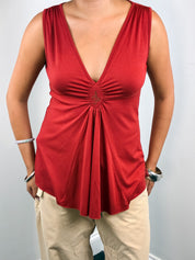 An'ge 2000s Rust Red Plunge Neck Beaded Jersey Tank - M-L