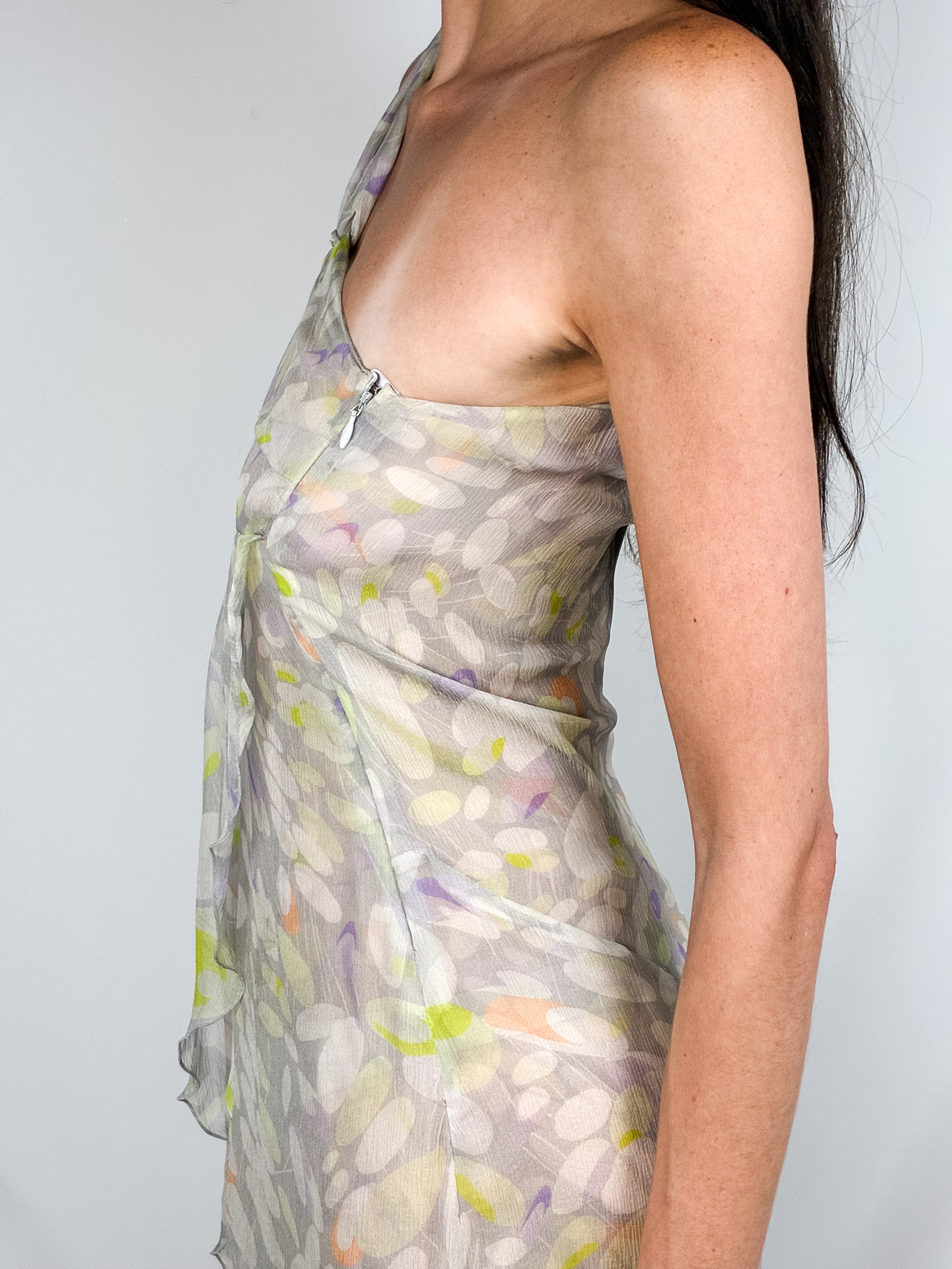 Patrizia Pepe 2000s Grey Floral Print One-Shoulder High-Low Dress - XS/S