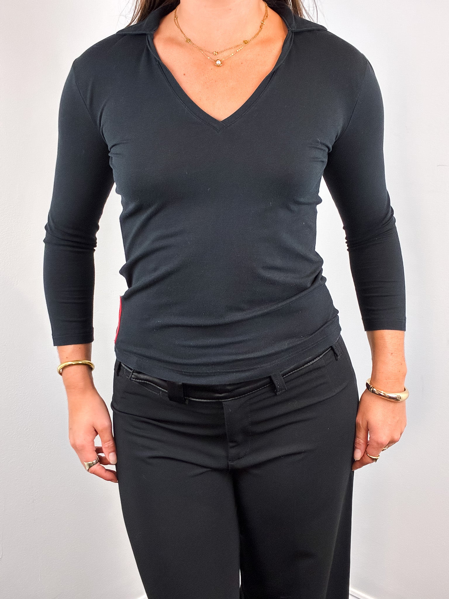 Prada Sport Linea Rossa Late 1990s Black Stretch Open Collar Long Sleeve Top - M