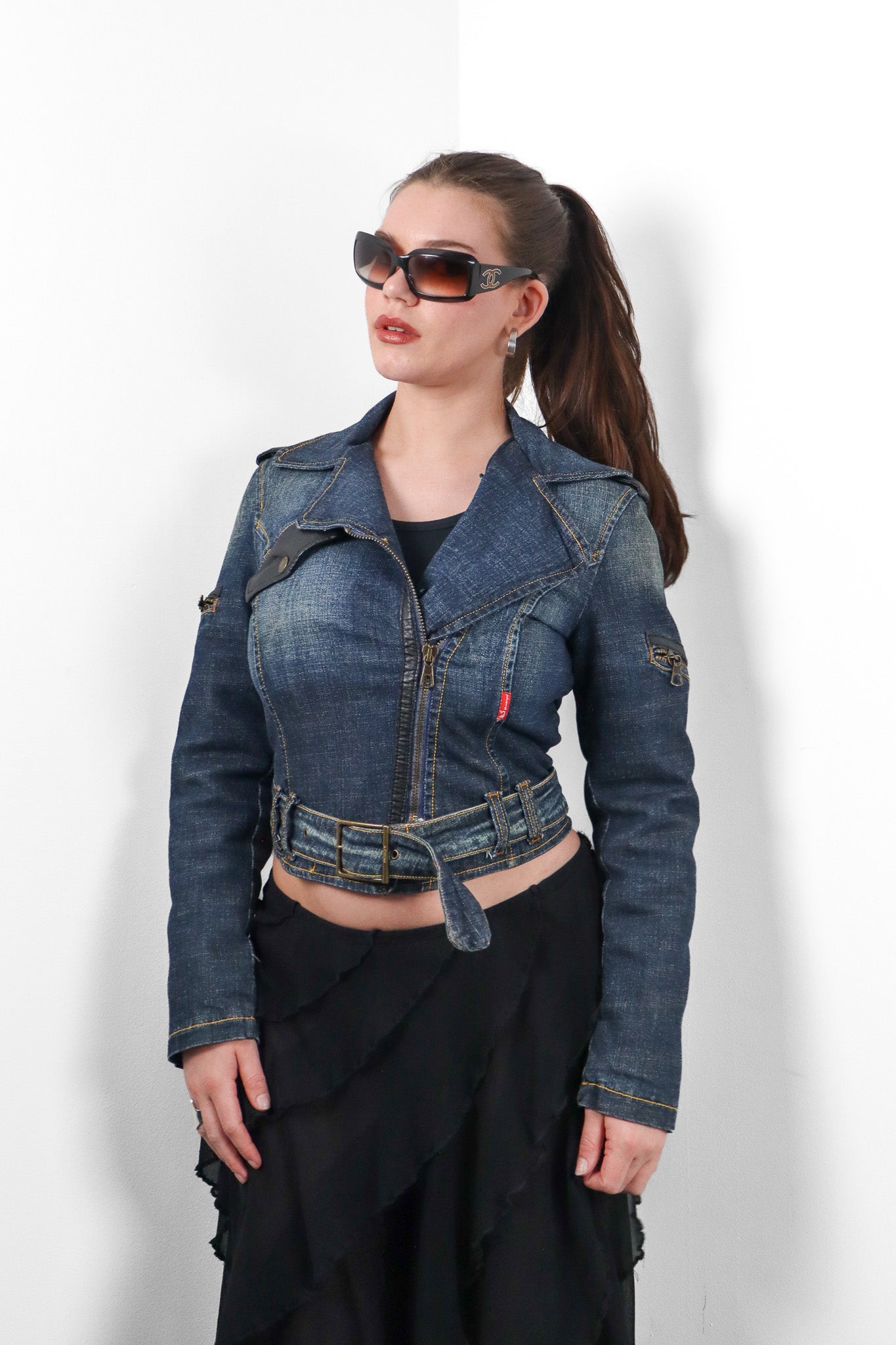 Phard 2000s Dark Denim Belted Moto Jacket with Detachable Fox Fur Collar - XS/S