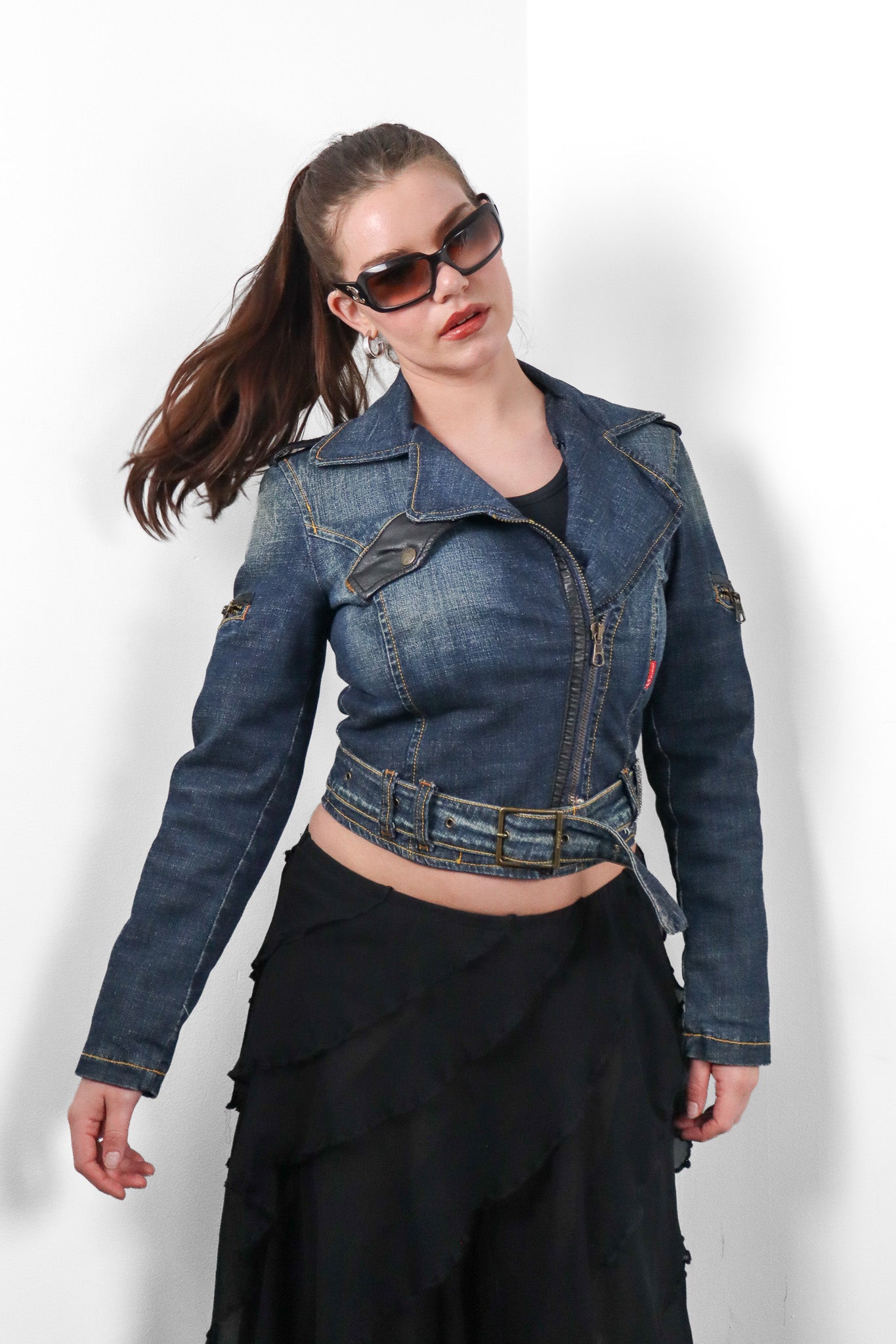 Phard 2000s Dark Denim Belted Moto Jacket with Detachable Fox Fur Collar - XS/S