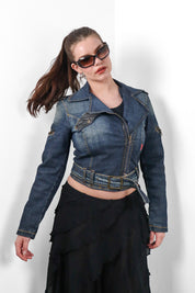 Phard 2000s Dark Denim Belted Moto Jacket with Detachable Fox Fur Collar - XS/S