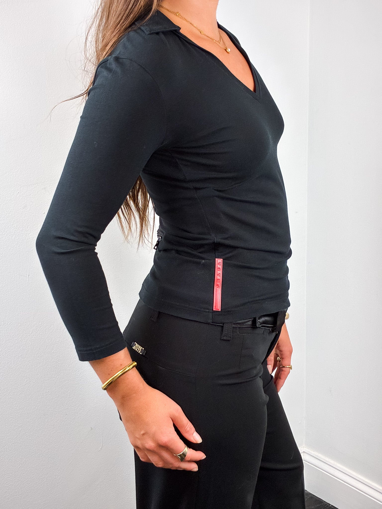 Prada Sport Linea Rossa Late 1990s Black Stretch Open Collar Long Sleeve Top - M