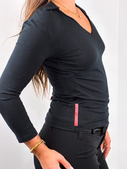 Prada Sport Linea Rossa Late 1990s Black Stretch Open Collar Long Sleeve Top - M