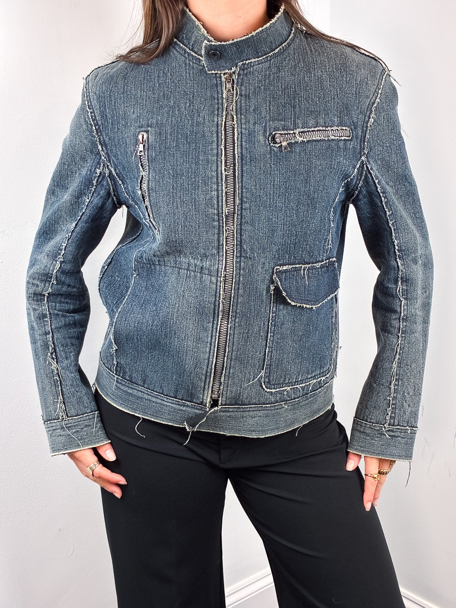 2000s Blue Raw Seam Frayed Denim Moto Jacket - S/M