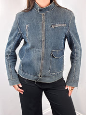 2000s Blue Raw Seam Frayed Denim Moto Jacket - S/M