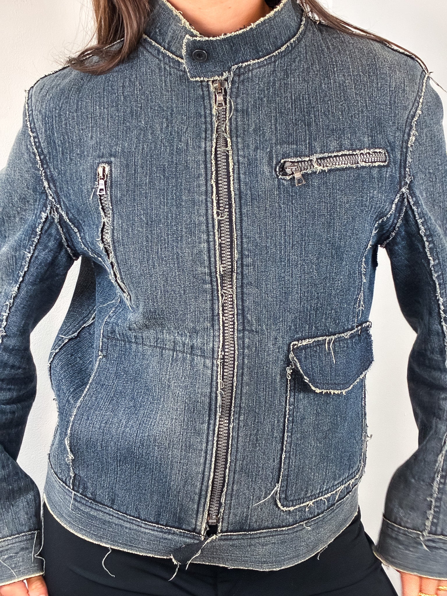 2000s Blue Raw Seam Frayed Denim Moto Jacket - S/M