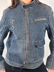 2000s Blue Raw Seam Frayed Denim Moto Jacket - S/M