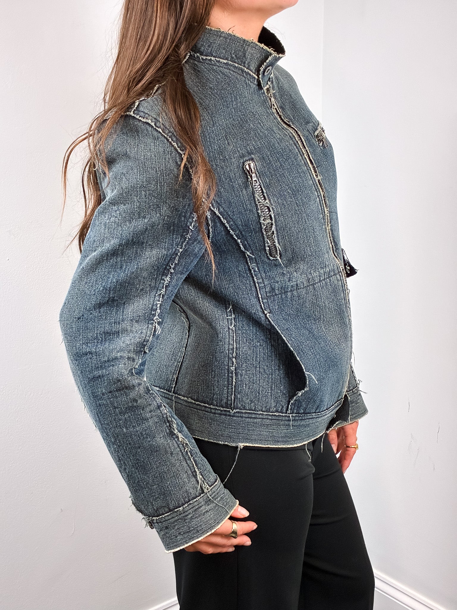 2000s Blue Raw Seam Frayed Denim Moto Jacket - S/M