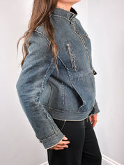 2000s Blue Raw Seam Frayed Denim Moto Jacket - S/M