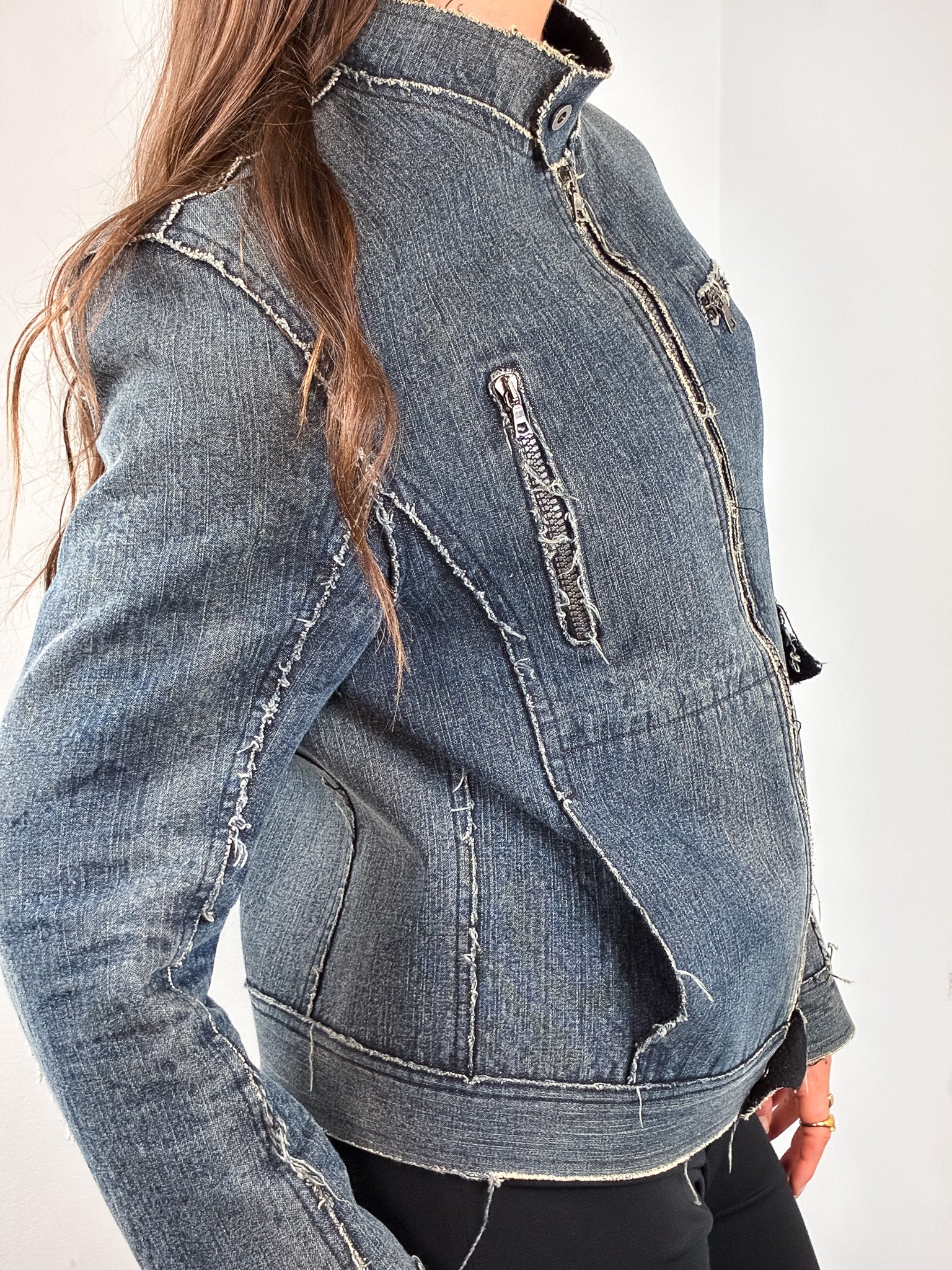 2000s Blue Raw Seam Frayed Denim Moto Jacket - S/M