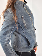 2000s Blue Raw Seam Frayed Denim Moto Jacket - S/M