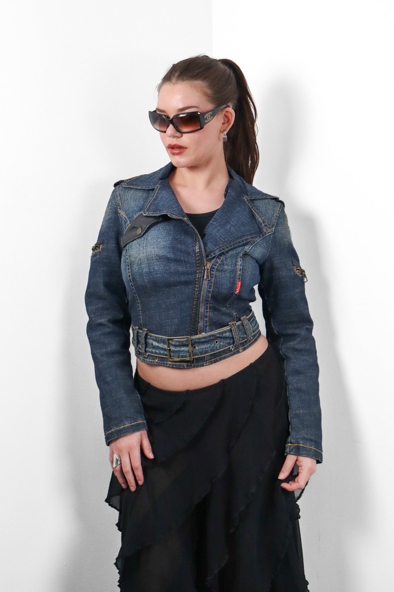 Phard 2000s Dark Denim Belted Moto Jacket with Detachable Fox Fur Collar - XS/S