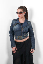 Phard 2000s Dark Denim Belted Moto Jacket with Detachable Fox Fur Collar - XS/S