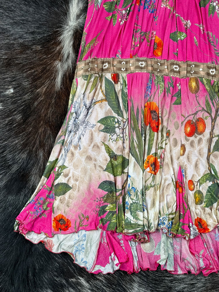 Class Roberto Cavalli 2000s Pink Floral Drop Waist Midi Dress