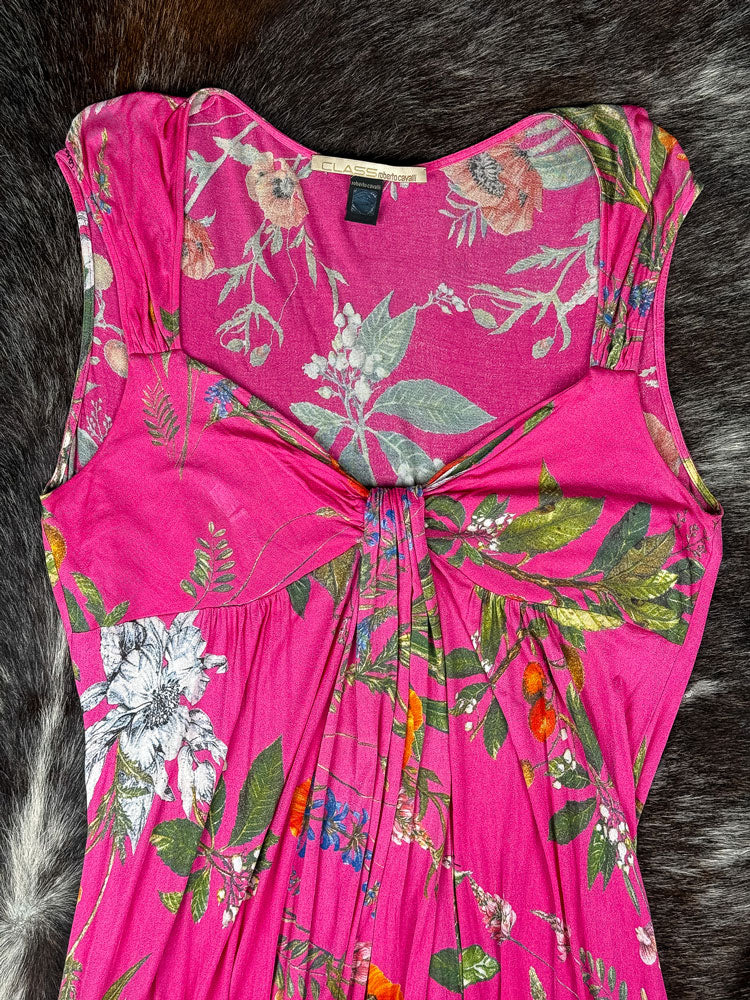 Class Roberto Cavalli 2000s Pink Floral Drop Waist Midi Dress