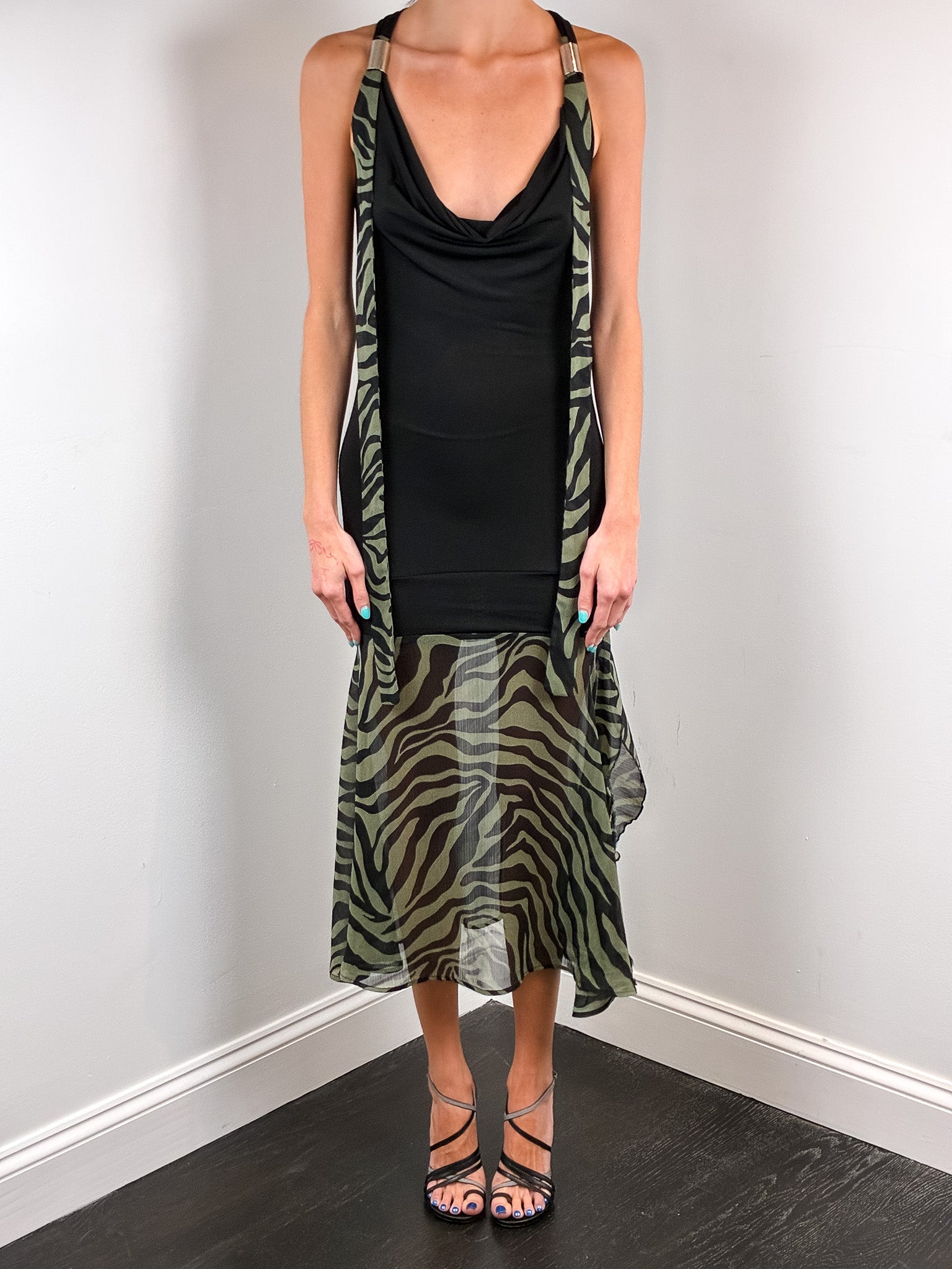 2000s Black Jersey and Khaki Zebra Chiffon Drop Waist Dress - S-L