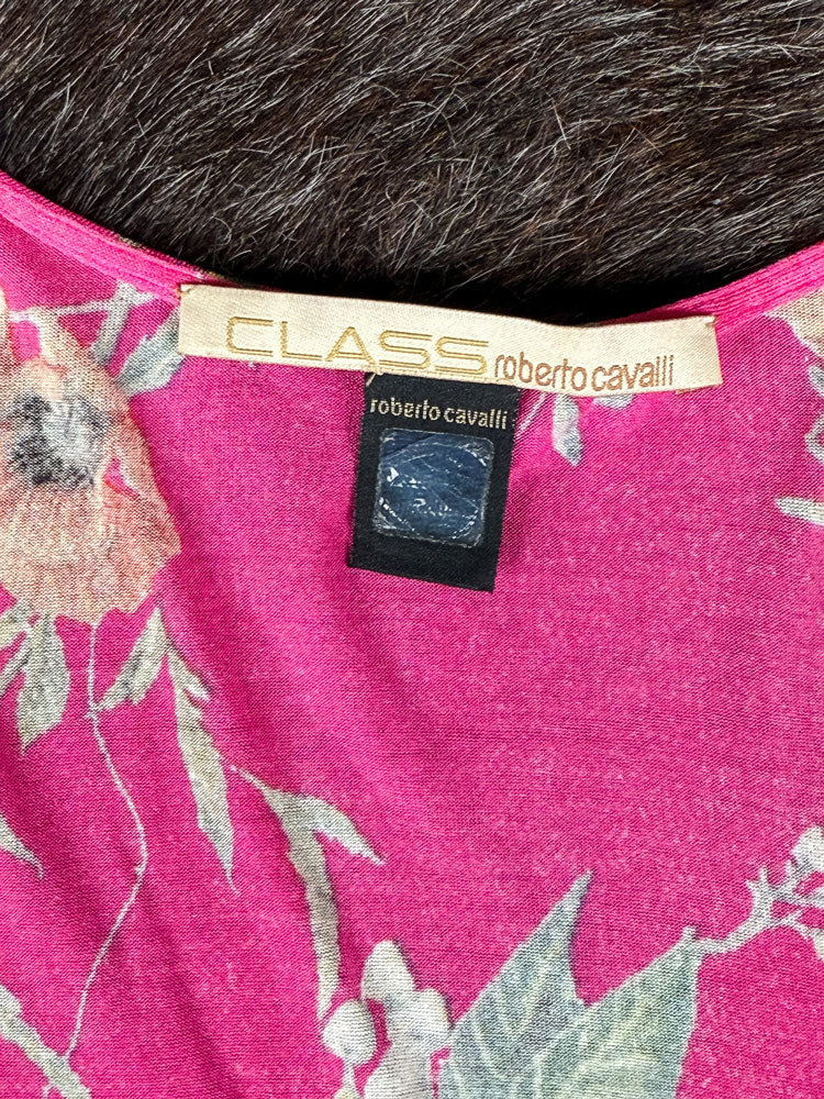 Class Roberto Cavalli 2000s Pink Floral Drop Waist Midi Dress