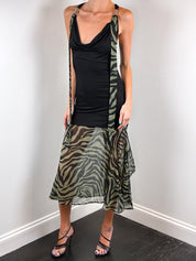 2000s Black Jersey and Khaki Zebra Chiffon Drop Waist Dress - S-L