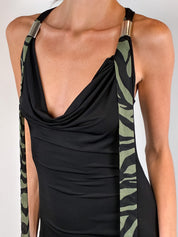 2000s Black Jersey and Khaki Zebra Chiffon Drop Waist Dress - S-L
