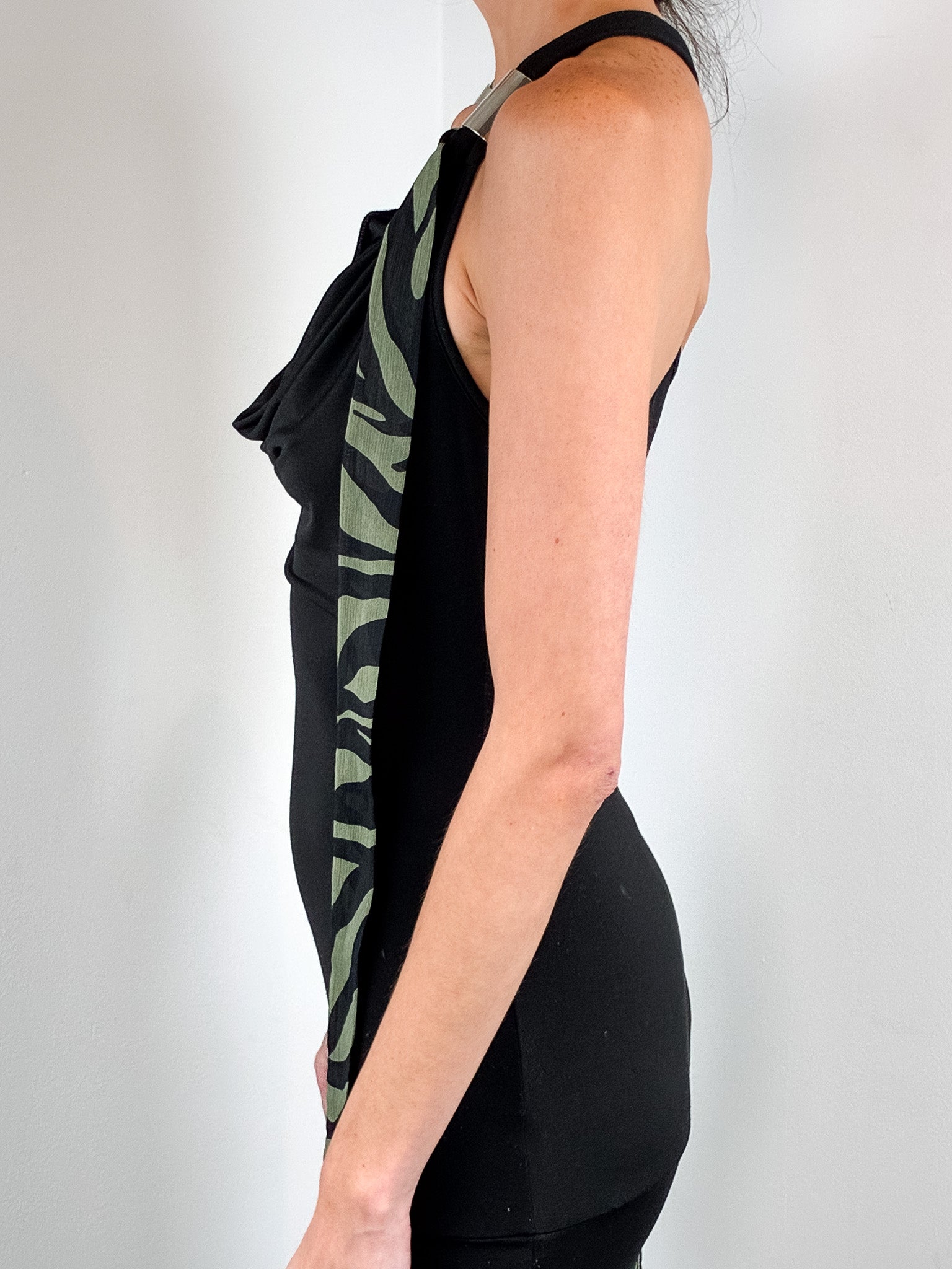2000s Black Jersey and Khaki Zebra Chiffon Drop Waist Dress - S-L