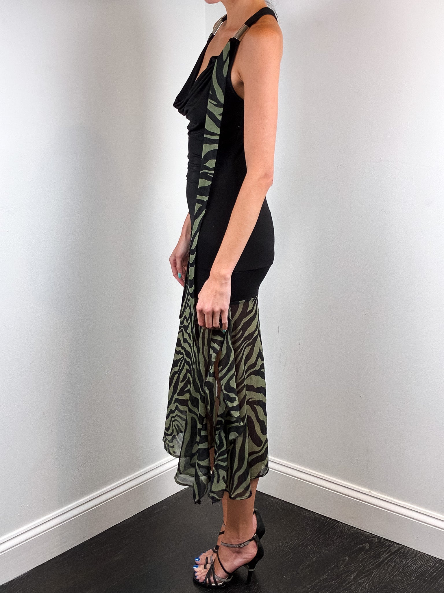 2000s Black Jersey and Khaki Zebra Chiffon Drop Waist Dress - S-L