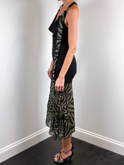 2000s Black Jersey and Khaki Zebra Chiffon Drop Waist Dress - S-L